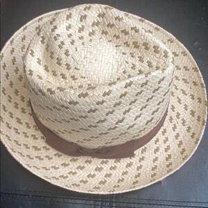 Men's Cream Straw Fedora Hat with Brown Band